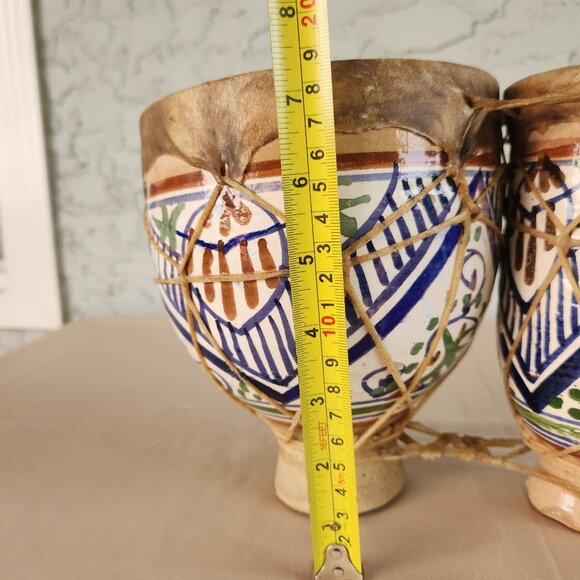 Moroccan Hand-Painted Ceramic Bongo Drums with Goat Hide – Handmade Folk Art - Picture 14 of 16